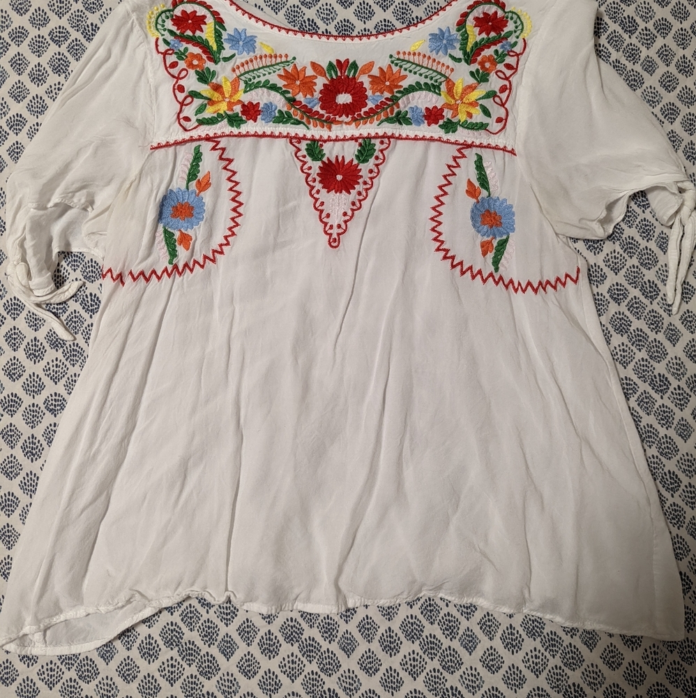 Embroidered Colorful White Peasant Top